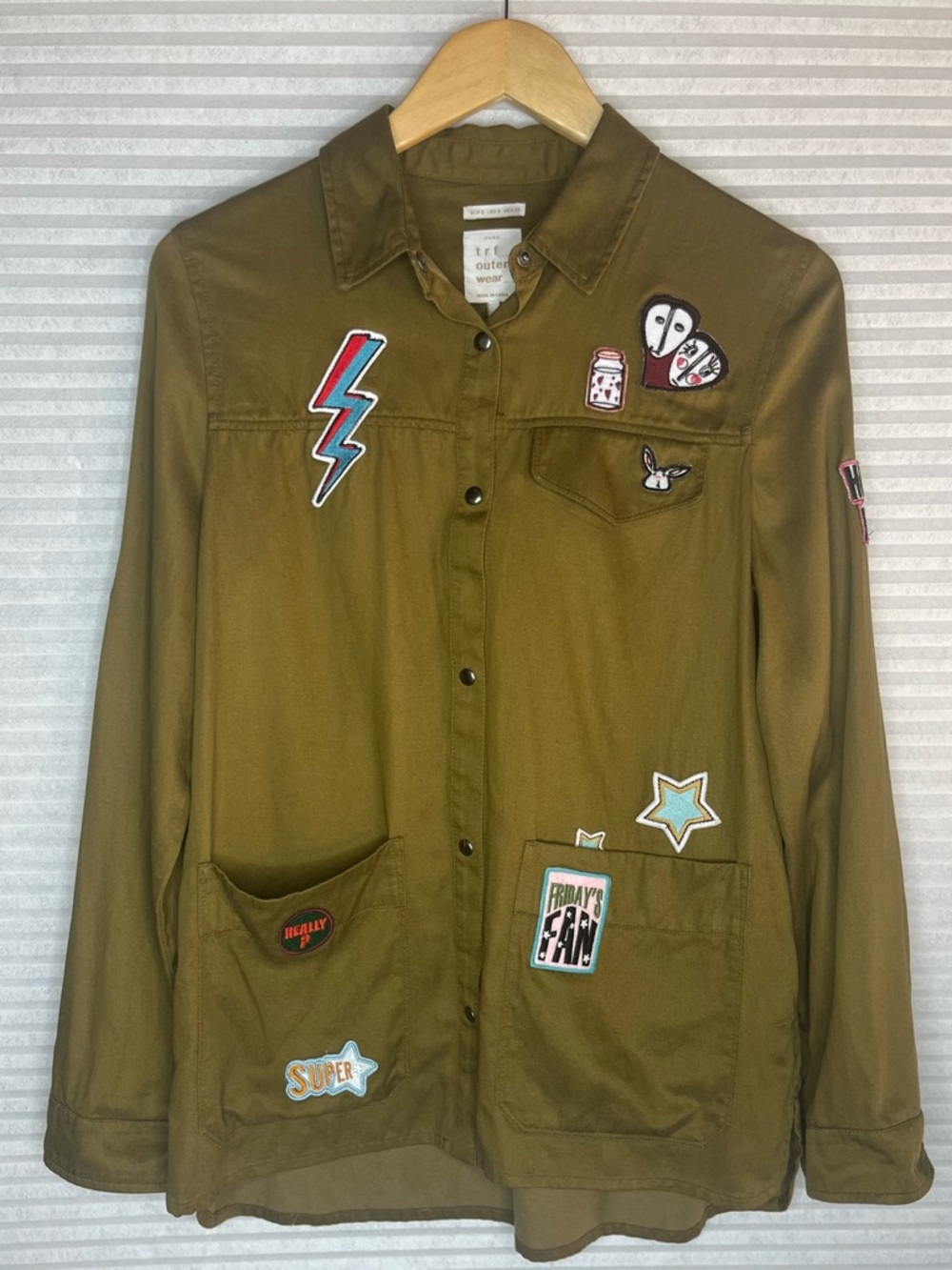 Zara TRF Outerwear Military Olive Patch Button Front Lightweight Shacket Small
